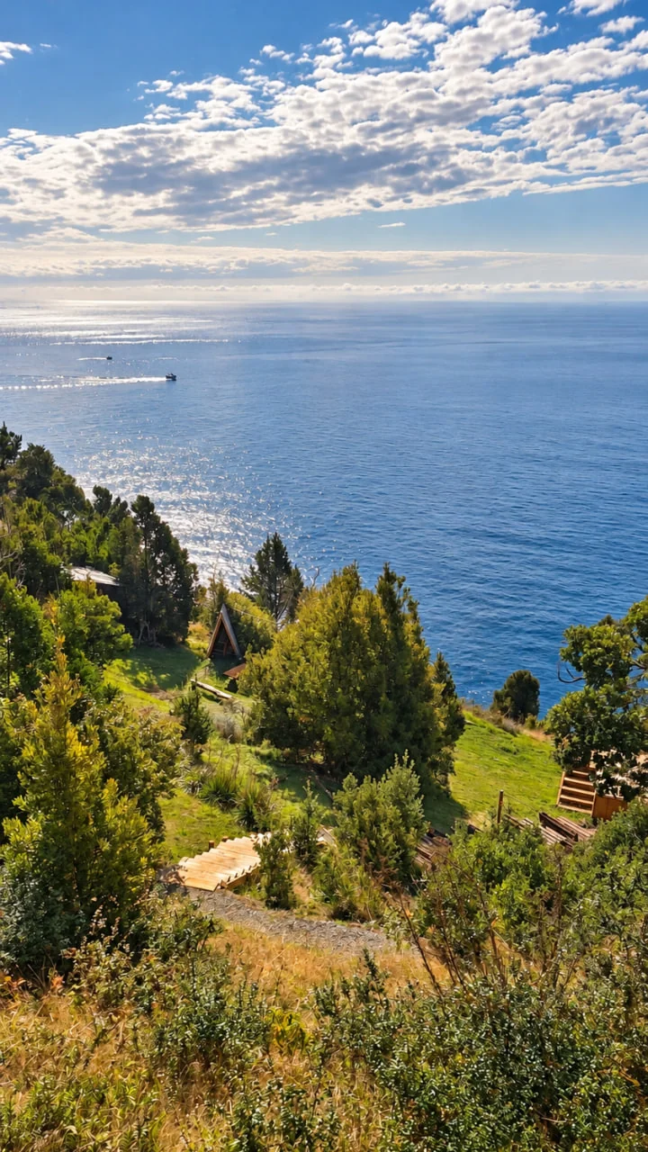 Vista del terreno de TORMENTA, vegetación costera y océano Pacífico
