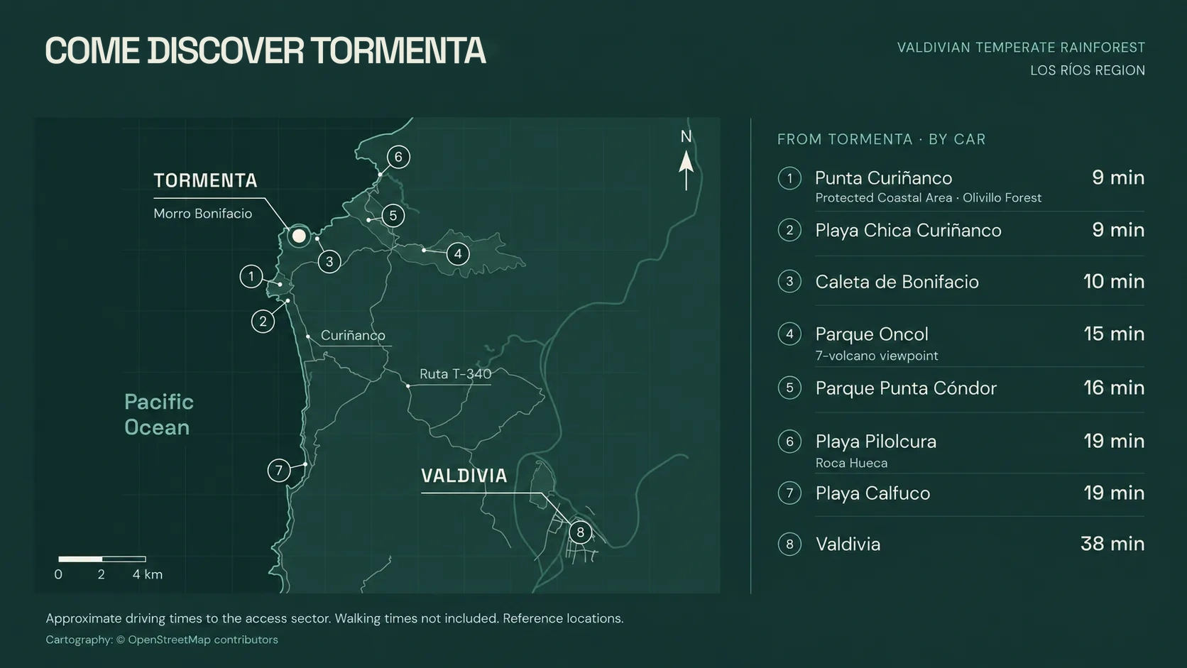 Come discover TORMENTA. Map of the Valdivian coast and rainforest with eight destinations and approximate driving times from TORMENTA: Punta Curiñanco 9 min, Playa Chica Curiñanco 9 min, Caleta de Bonifacio 10 min, Parque Oncol 15 min, Parque Punta Cóndor 16 min, Playa Pilolcura 19 min, Playa Calfuco 19 min and Valdivia 38 min.